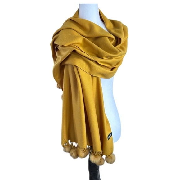 Golden Yellow Faux Mink Balls on Tasses Pashmina 100% Cashmere Shawl Scarf